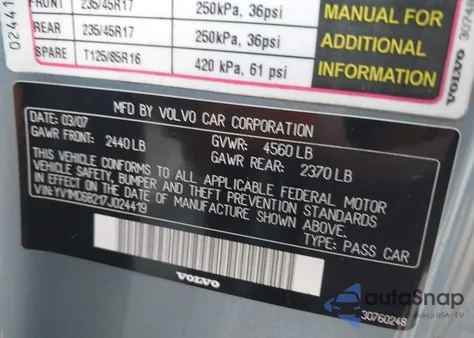 2007 Volvo C70 T5 z USA, uszkodzony, nr VIN YV1MC68217J024419